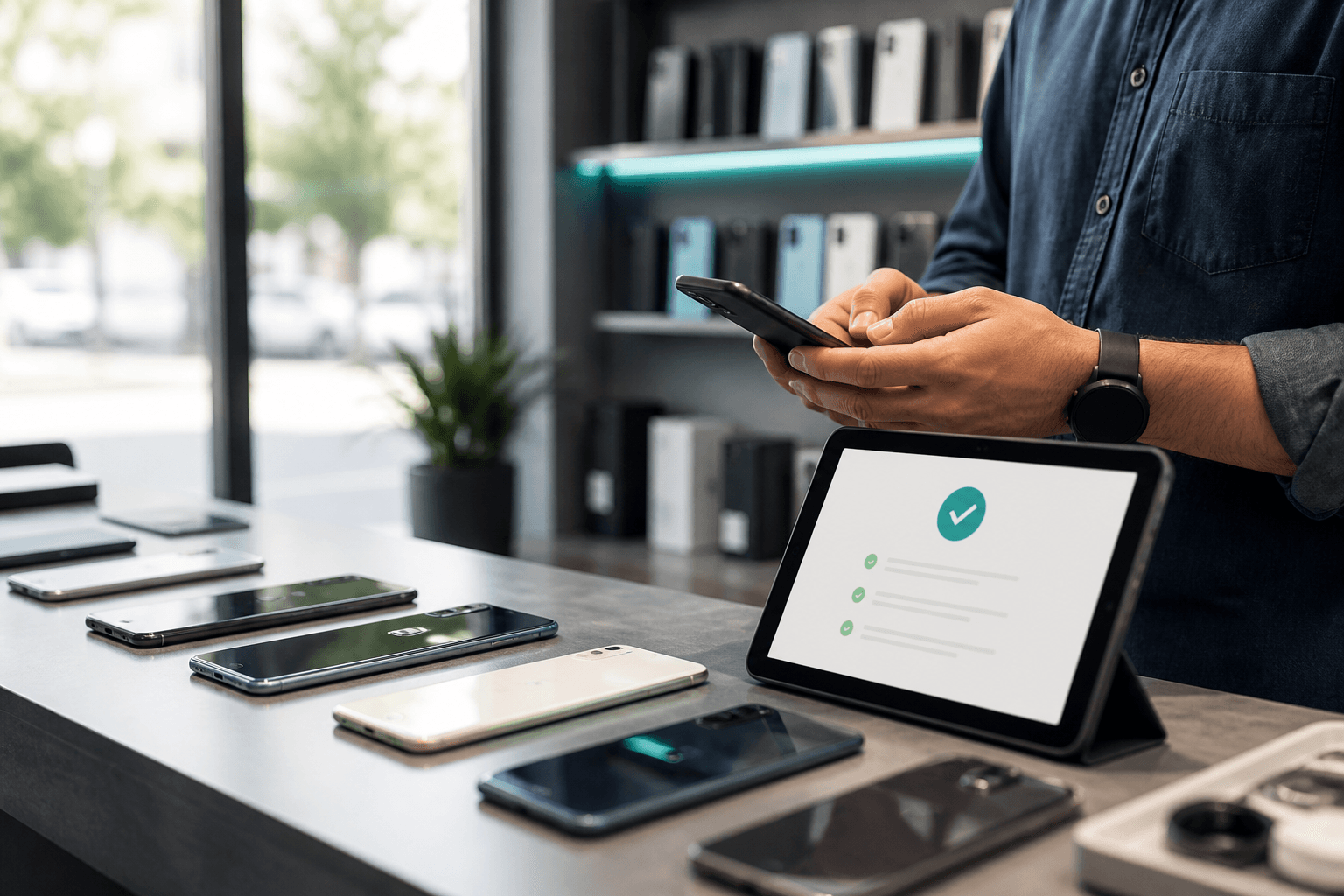 Operação comercial de smartphones sendo validada antes da venda