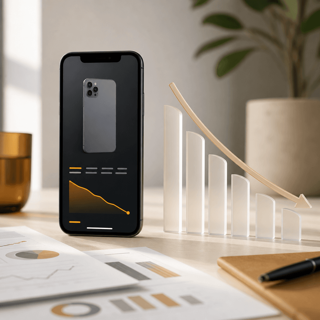Smartphone ao lado de formas que sugerem análise de preço e depreciação