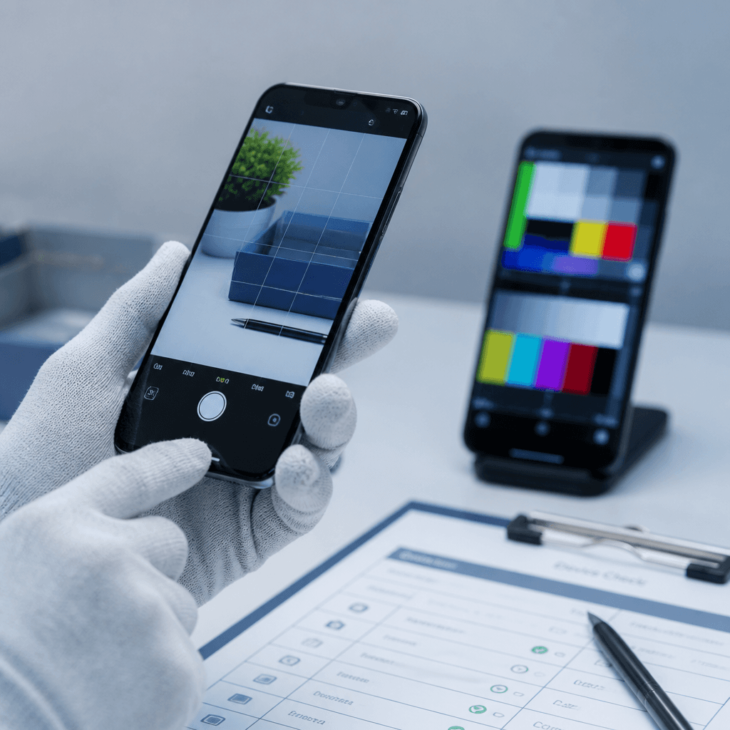 Técnico avaliando qualidade de tela e câmera de um smartphone